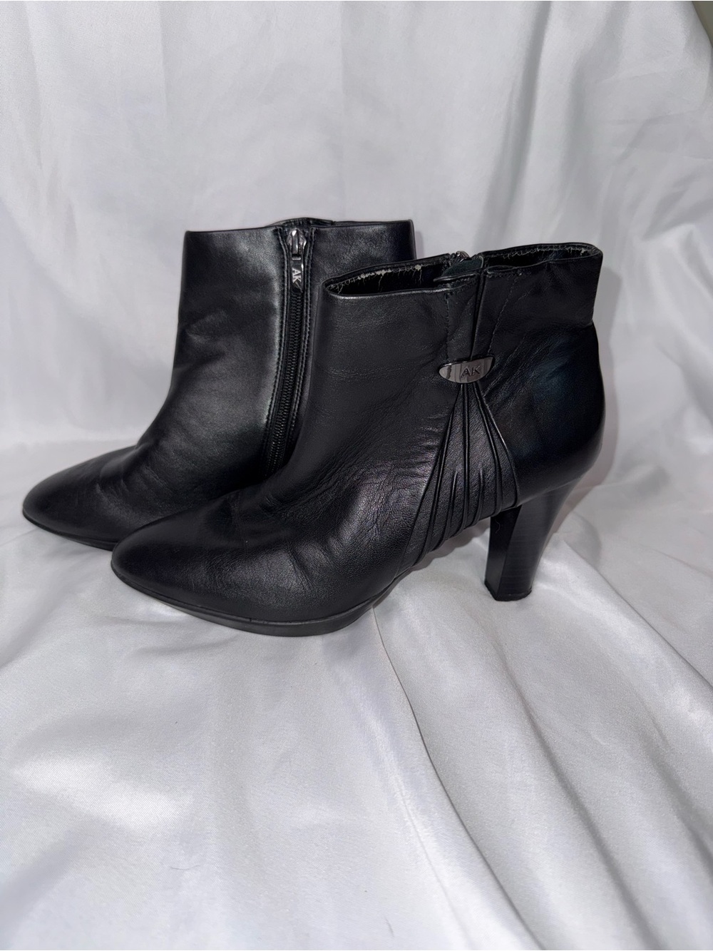 Anne Klein Black Leather Pointed Ankle Booties with Pleat Detail